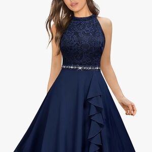 Elegant Navy Blue Lace Halter Dress